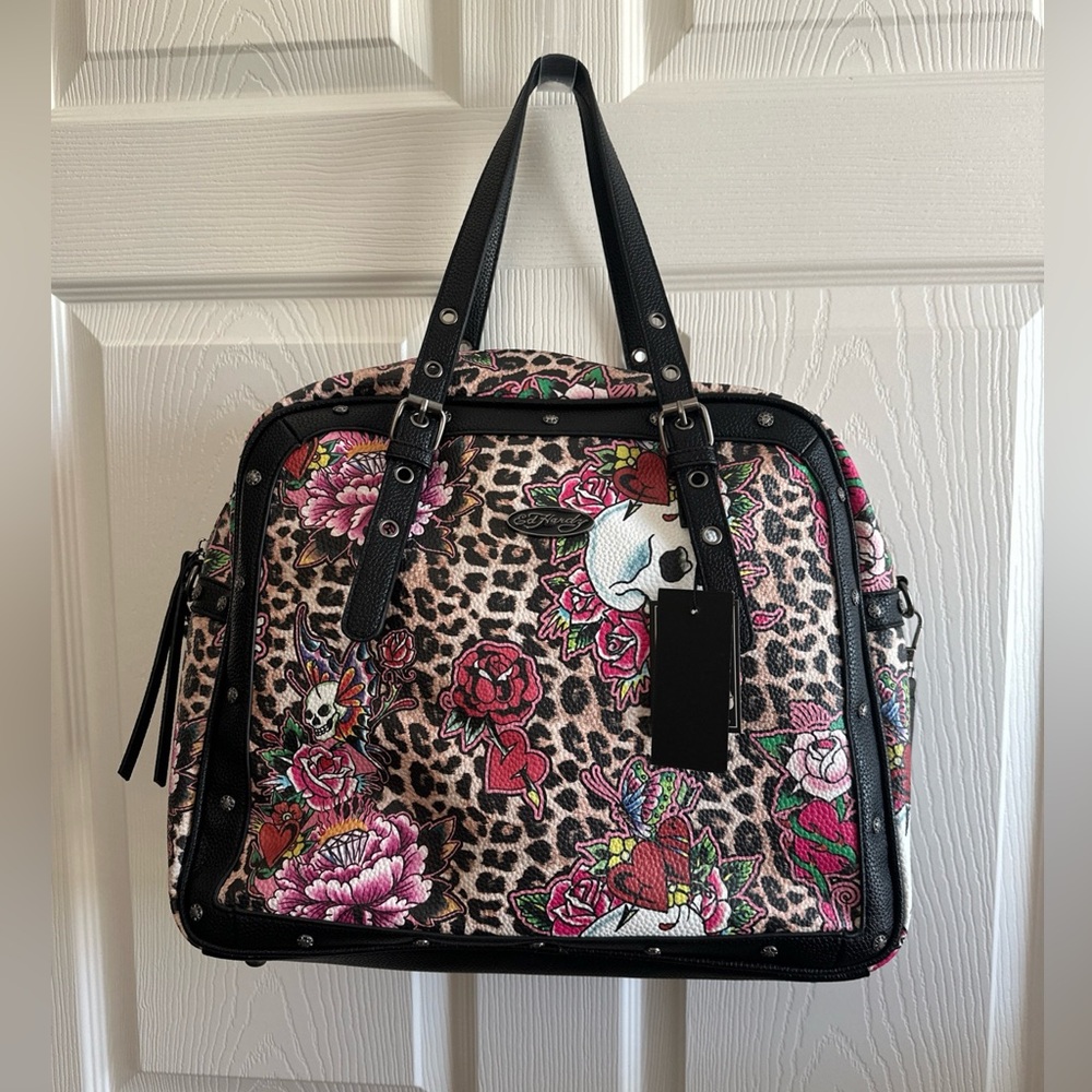 Ed Hardy Leopard Print Floral Skull Travel Bag Black Brand Strap New With Tags